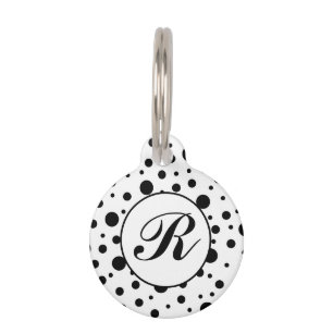 Placa Para Mascotas Monograma negro sobre patrón de punto de polka bla