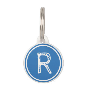 Placa Para Mascotas Monograma Nombre Círculo blanco azul
