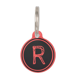 Placa Para Mascotas Monograma Nombre Círculo Rojo Negro
