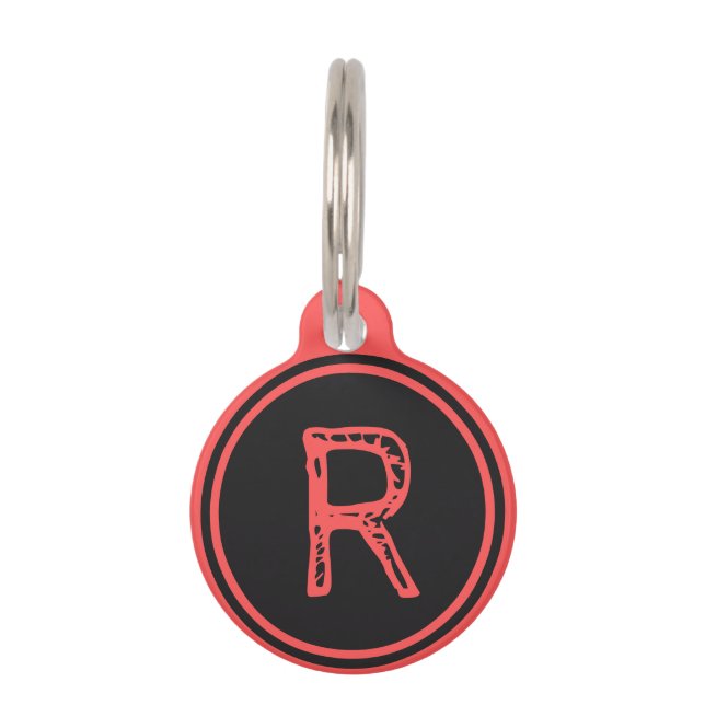 Placa Para Mascotas Monograma Nombre Círculo Rojo Negro (Anverso)