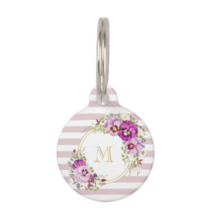 Placa Para Mascotas Monograma Pansias Vintage Florales en Rayas Púrpur