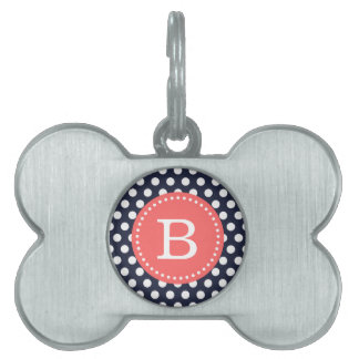 Placa Para Mascotas Monograma Personalizado de puntos azul y coral de