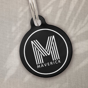 Placa Para Mascotas Monograma personalizado Perro blanco negro