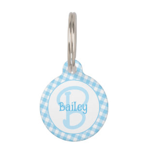 Placa Para Mascotas Monograma Preppy Blue Gingham
