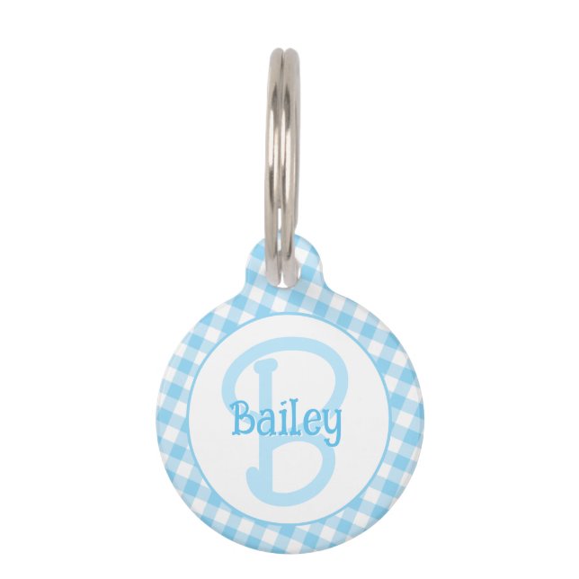 Placa Para Mascotas Monograma Preppy Blue Gingham (Anverso)