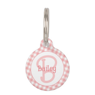 Placa Para Mascotas Monograma Preppy Pink Gingham