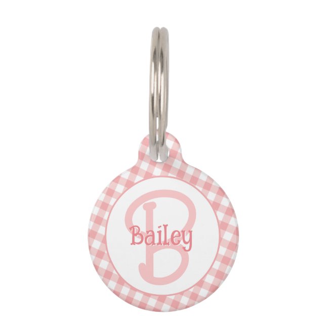 Placa Para Mascotas Monograma Preppy Pink Gingham (Anverso)