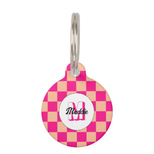 Placa Para Mascotas Monograma retro geométrico rosa caliente de durazn