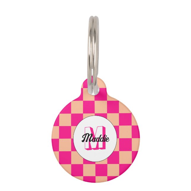 Placa Para Mascotas Monograma retro geométrico rosa caliente de durazn (Anverso)
