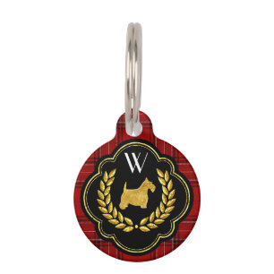 Placa Para Mascotas Monograma rojo de la tela escocesa del escocés