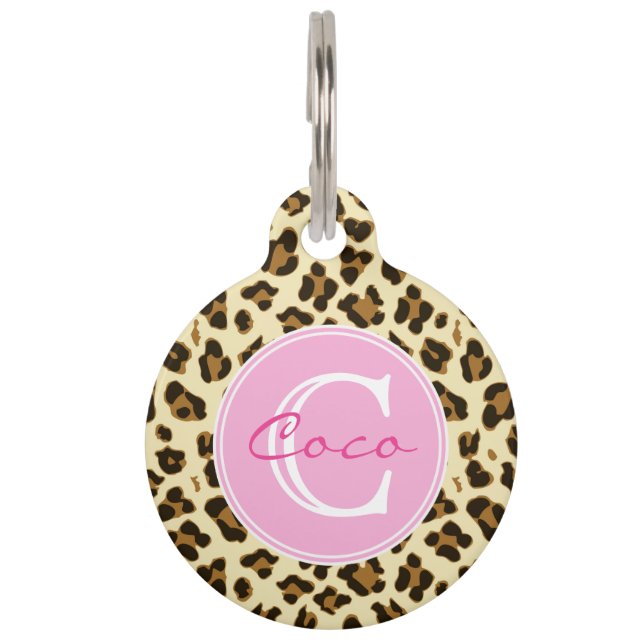 Placa Para Mascotas Monograma rosa y de impresión de leopardo elegante (Anverso)