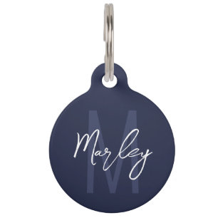 Placa Para Mascotas Monograma y nombre personalizados del guión azul d