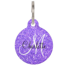 Placa Para Mascotas Monogramado purpurina de chispas violetas moradas