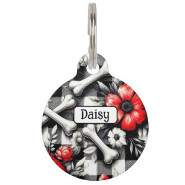 Placa Para Mascotas Monogramed Gingham Plaid Black White Red Floral