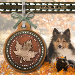 Placa Para Mascotas Moreno de cuero verde Burlap Maple Leaf