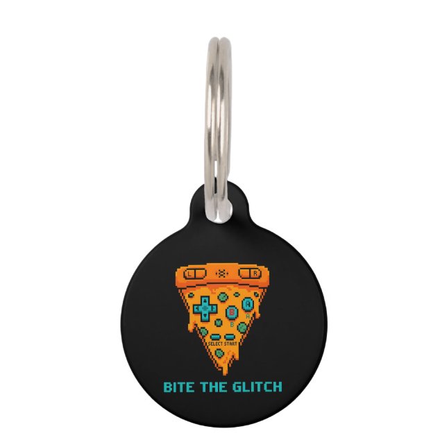 Placa Para Mascotas Muerde el Glitch Retro Pizza de 8 Bits Pixel Gamer (Anverso)