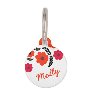 Placa Para Mascotas Naranja moderno y floral roja personalizada