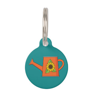 Placa Para Mascotas Naranja regando lata con girasol Añadir nombre