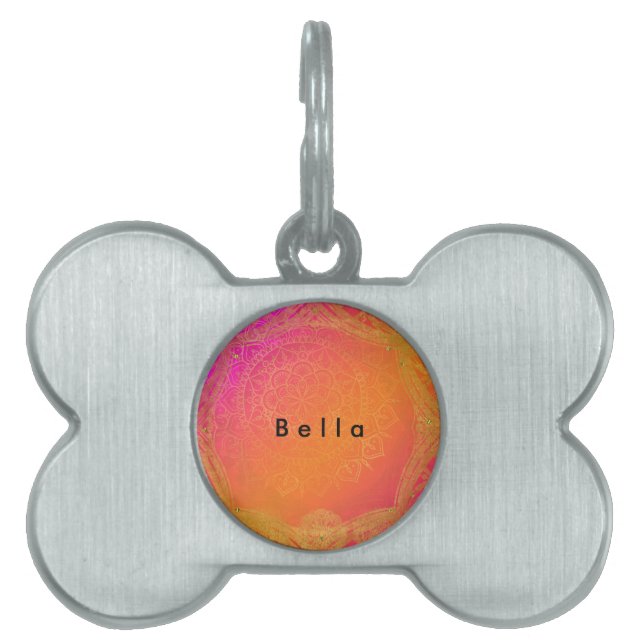 Placa Para Mascotas Naranja rosa de Fuchsia y Glam de Mandala indio de (Frente)
