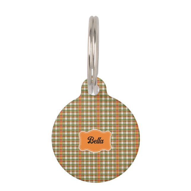 Placa Para Mascotas Naranja Verde Gingham (Anverso)