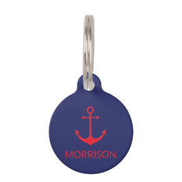 Placa Para Mascotas Nautical Anchor azul marino perro rojo Nombre Pers