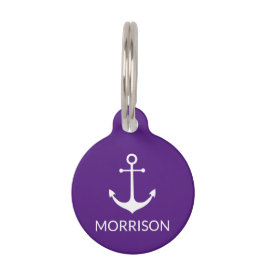 Placa Para Mascotas Nautical Anchor Personalizado morado perro blanco