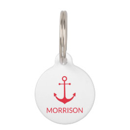 Placa Para Mascotas Nautical Anchor Personalizado perro blanco rojo No