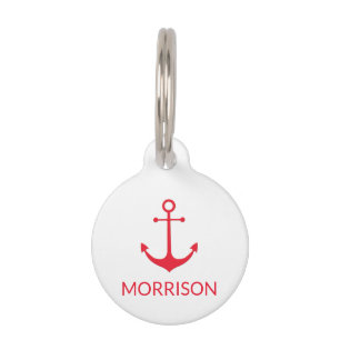 Placa Para Mascotas Nautical Anchor Personalizado perro blanco rojo No