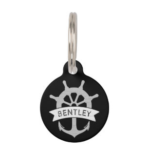 Placa Para Mascotas Nautical Black Ship Anchor Nombre personalizado