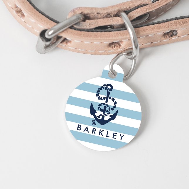 Placa Para Mascotas Nautical Blue Stripe Anchor Personalizado (Subido por el creador)