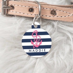 Placa Para Mascotas Nautical Pink & Navy Stripe Anchor Personalizado