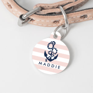 Placa Para Mascotas Nautical Pink Stripe Anchor Personalizado