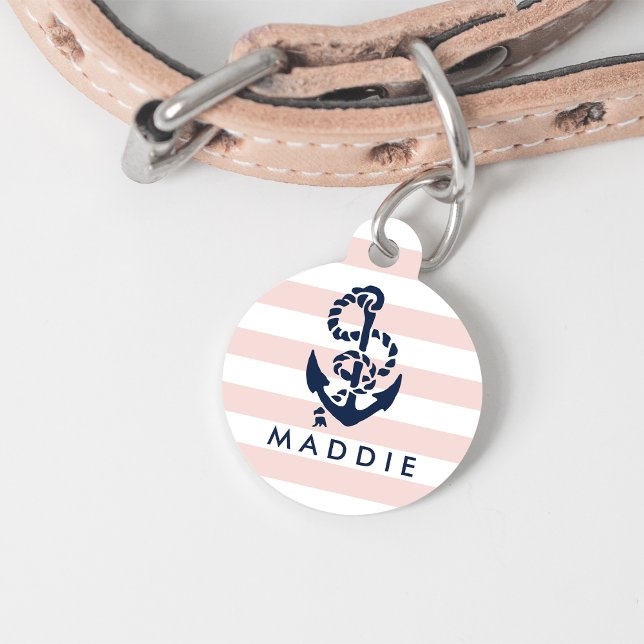 Placa Para Mascotas Nautical Pink Stripe Anchor Personalizado (Subido por el creador)