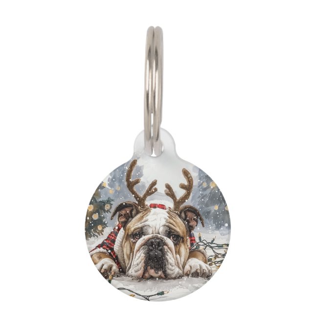 Placa Para Mascotas Navidades Bulldog inglés reno (Anverso)