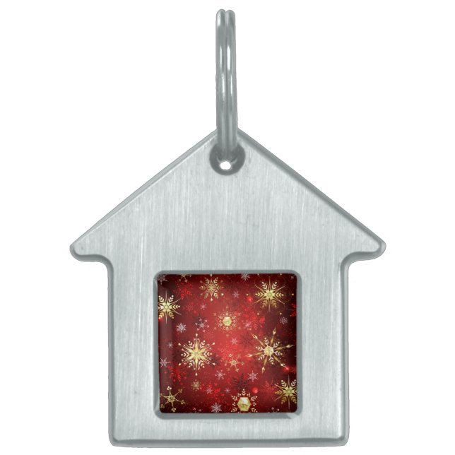 Placa Para Mascotas Navidades Copos de nieve dorados con fondo rojo (Frente)