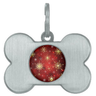 Placa Para Mascotas Navidades Copos de nieve dorados con fondo rojo