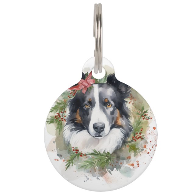Placa Para Mascotas Navidades de Border Collie Wreath Festimes Pup (Anverso)