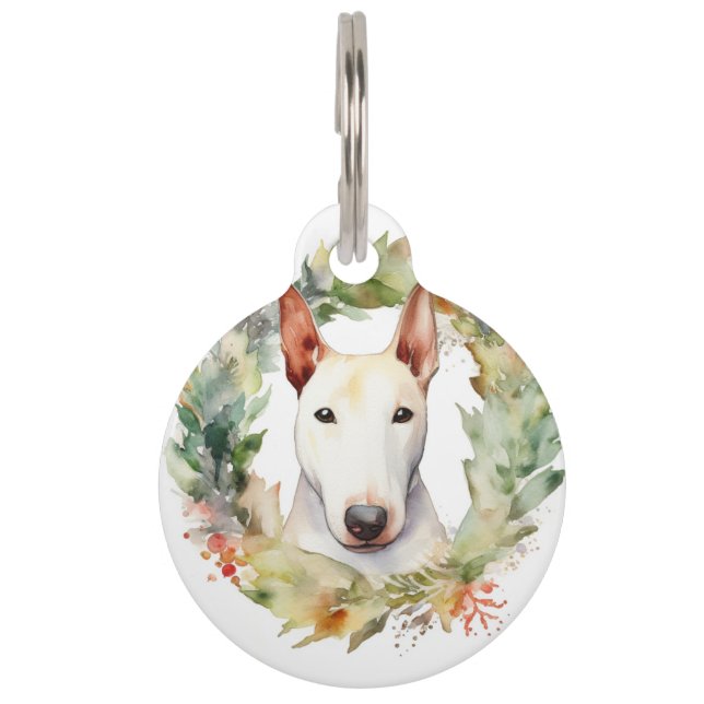 Placa Para Mascotas Navidades de Bull Terrier Wreath Pup festivo (Anverso)