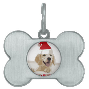Placa Para Mascotas Navidades de Golden Retriever con Santa Hat