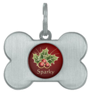 Placa Para Mascotas Navidades de Holly Berry personalizados en rojo