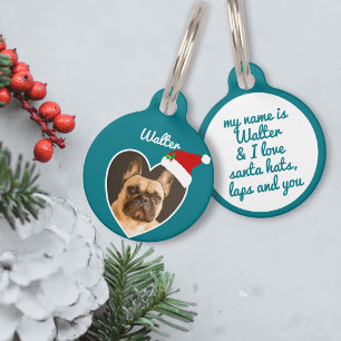 Placa Para Mascotas Navidades Foto de perro Santa Hat Festividad Verde