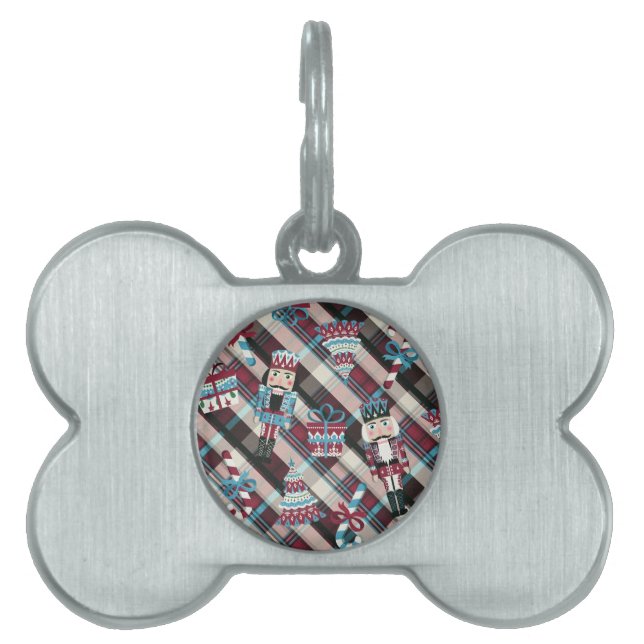 Placa Para Mascotas Navidades Nutcracker Plaid Blue Burgundy (Frente)
