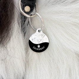 Placa Para Mascotas Negro Elegante Con Tejido De Mármol Blanco Faux Y 