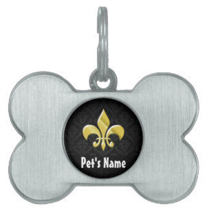 Placa Para Mascotas Negro/Oro Damasco Fleur de Lis