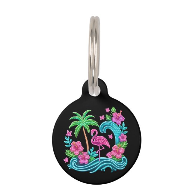 Placa Para Mascotas Neon Flamingo Tropical (Anverso)