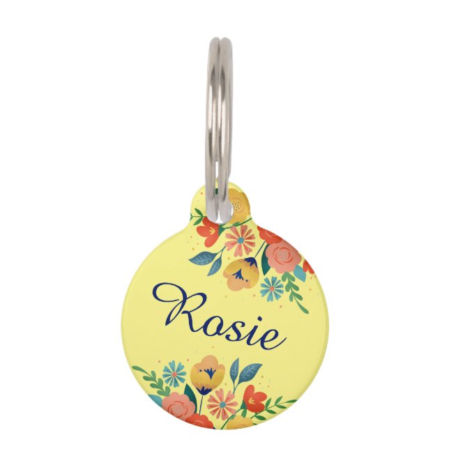 Placa Para Mascotas Nombre amarillo floral de primavera alegre (Anverso)