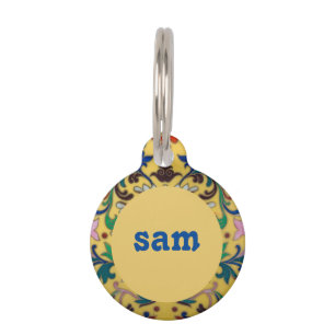 Placa Para Mascotas Nombre botánico floral vintage retro amarillo