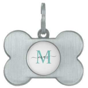 Placa Para Mascotas Nombre de estilo Monograma Blanco Blanco Azul Verd