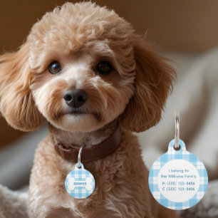 Placa Para Mascotas Nombre de hueso con estampado de cuadros azules y