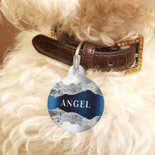 Placa Para Mascotas Nombre de mármol de ágata metalizado azul plateado